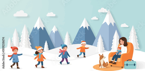 A mother watches children play in the snow with a dog nearby