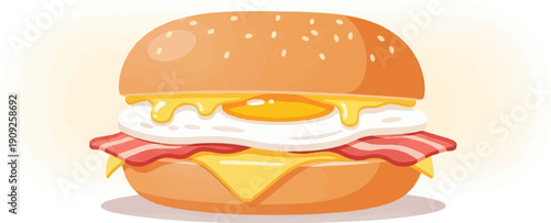 A mouthwatering illustration of a breakfast burger with crispy bacon and gooey cheese