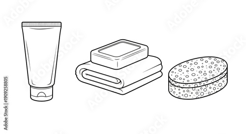 Bathroom Essentials: Tube of Cream, Soap on Towel, and Sponge - Line Art