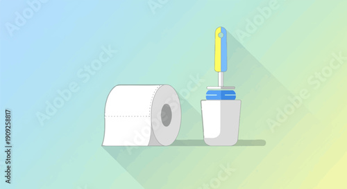 A roll of toilet paper and a toilet brush sit on a colorful gradient background