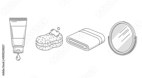 Bathroom Essentials: Tube of Cream, Sponge, Towel, and Mirror Line Art Icons