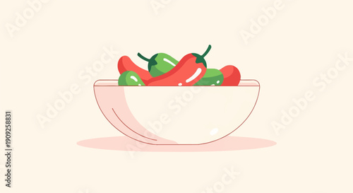 A minimalist illustration of a bowl filled with red and green chili peppers