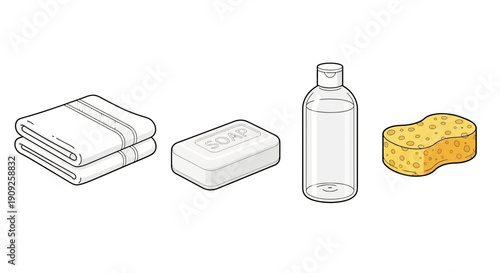 Bathroom Essentials: Towels, Soap, Lotion Bottle, and Sponge - Cleanliness and Hygiene Concept