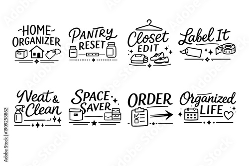 Hand-drawn home organization icons with closet and pantry themes