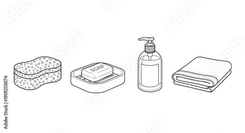 Bathroom hygiene essentials: sponge, soap, dispenser, and towel, line art illustration.