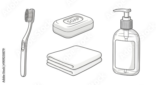 Bathroom hygiene essentials: toothbrush, soap, folded towels, and liquid soap dispenser
