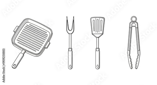 BBQ Grill Utensils Set: Grill Pan, Tongs, Spatula, Fork - Line Art Illustration