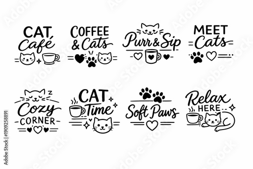 Charming cat-themed cafe logos featuring playful illustrations and catchy phrases