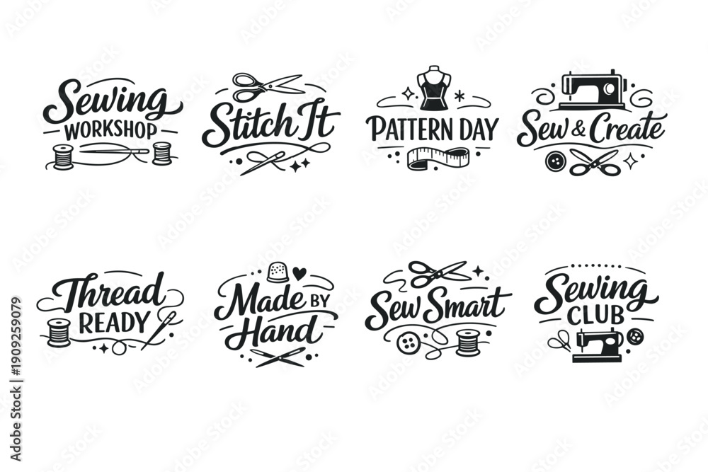 Fototapeta premium Sewing workshop designs: stitch, pattern, create, thread, smart, handmade, club