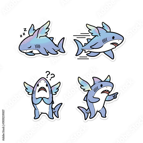 Cartoon shark character set with different emotions and actions