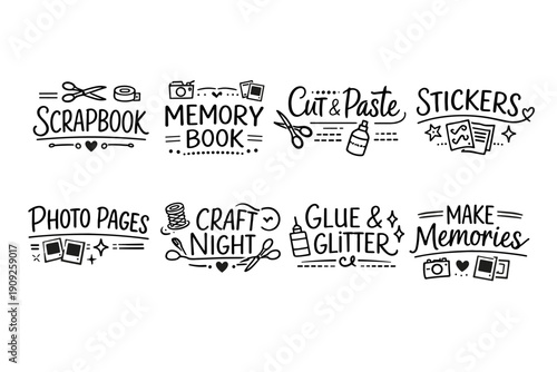 Crafting essentials: scrapbook, memory book, cut and paste, stickers, photo pages, craft night