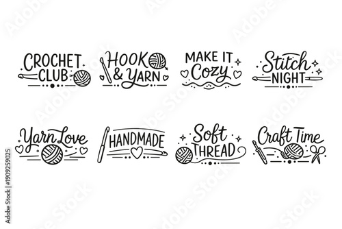 Crochet and yarn hobby quotes with knitting tools and heart designs
