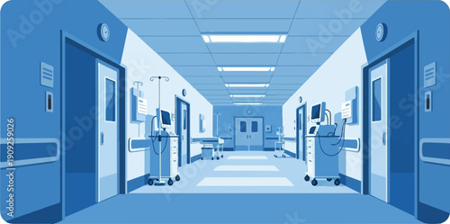 A long, bright hospital hallway with medical equipment