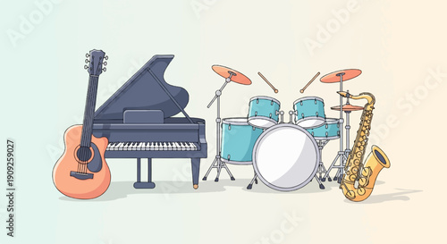 A musical ensemble featuring a piano, guitar, drums, and saxophone