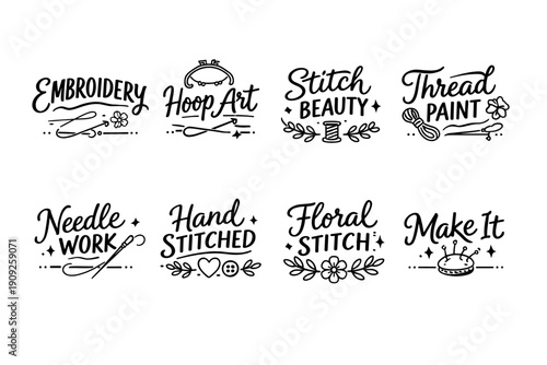 Embroidery and stitching art illustrations with needlework designs