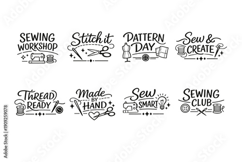 Creative sewing workshop logos with needles scissors patterns and threads