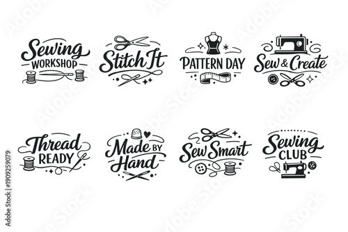 Sewing workshop designs: stitch, pattern, create, thread, smart, handmade, club