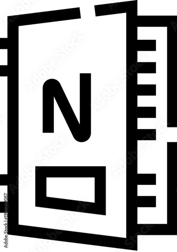 Notebook icon featuring a clear black outline, a bold letter n on the first page, and additional lines on the right, symbolizing education, office, or personal journaling