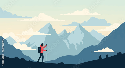 A lone hiker with a backpack and pole ascends a mountain range