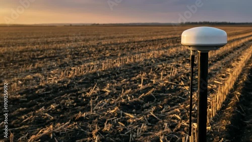 Geodetic GPS receiver in a stubble field at sunset, performing high precision land survey. Industrial mapping technology in agriculture.