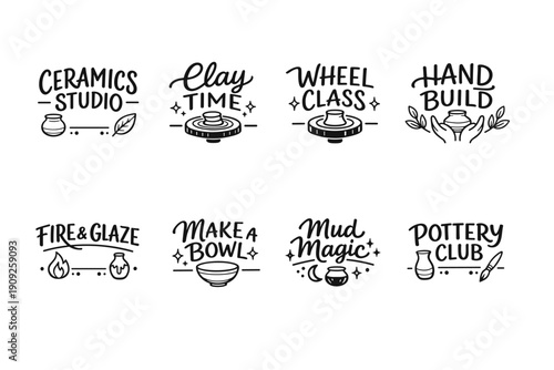 Creative pottery class icons featuring clay, wheel, and handbuilding techniques