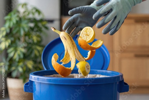 Gloved hands dropping organic food waste, including banana peel, orange peels, and lemon halves, into a blue compost bin.