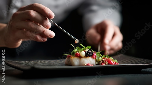 Chef finishing plating a delicious fish dish on a dark background.