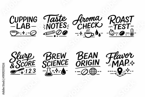 Coffee tasting and science concepts in stylish calligraphy elements
