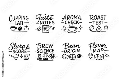 Coffee tasting icons set: cupping lab, taste notes, aroma, roast, slurp, brew, bean origin, flavor map