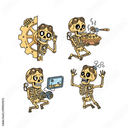 Cartoon skeletons using modern technology in a humorous and quirky style