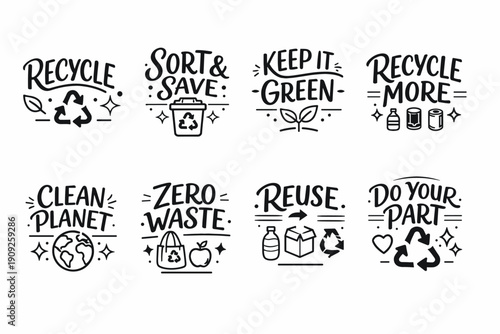 Eco-friendly slogans: recycle, reuse, reduce, zero waste for a clean planet