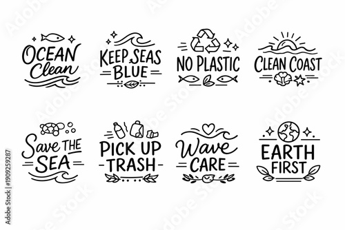 Ocean conservation slogans promoting clean seas and plastic-free coastlines