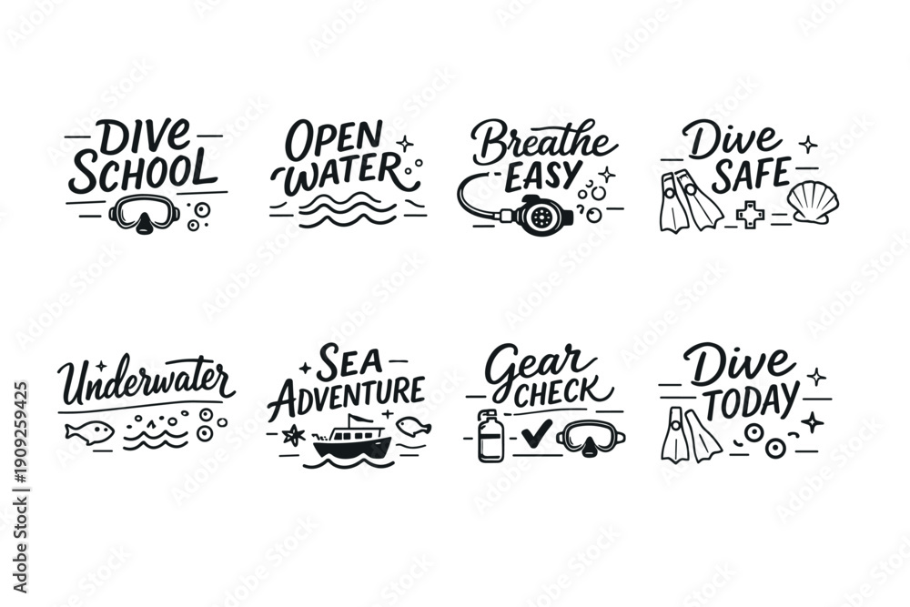 Obraz premium Scuba diving icons: dive school, open water, breathe easy, dive safe, underwater, sea adventure, gear check, dive today