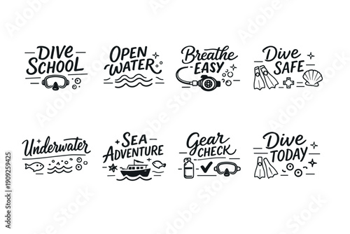 Scuba diving icons: dive school, open water, breathe easy, dive safe, underwater, sea adventure, gear check, dive today