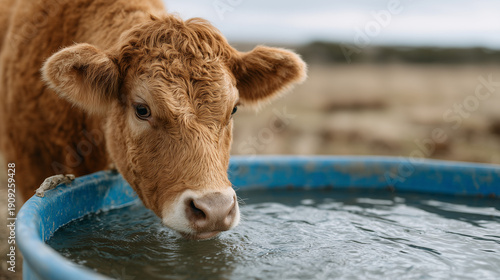 Thirsty Cattle by Trough: A close-up view captures a serene bovine quench its thirst at a brimming water trough, showcasing a moment of tranquil farm life.