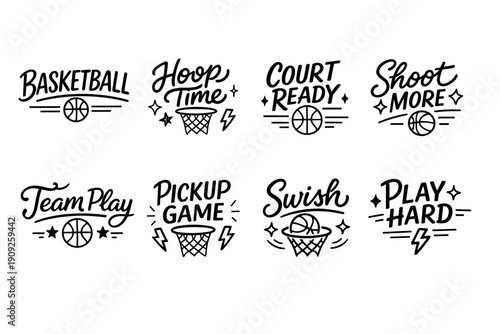 Basketball-themed illustrations with fun and motivational phrases and icons