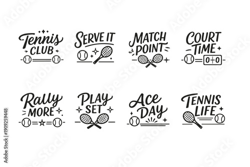 Tennis-themed stickers and slogans set with rackets and balls