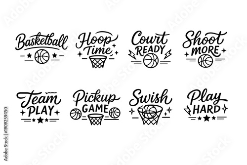 Basketball typography set: hoop time, court ready, shoot more, team play, pickup game, swish, play hard