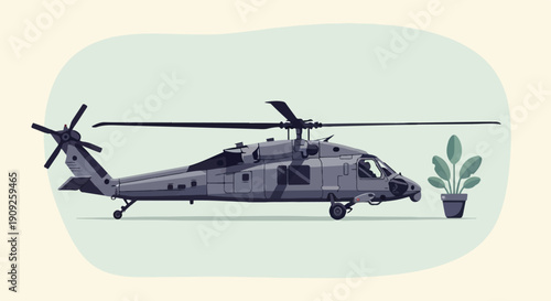 A gray helicopter rests next to a potted green plant on a light background