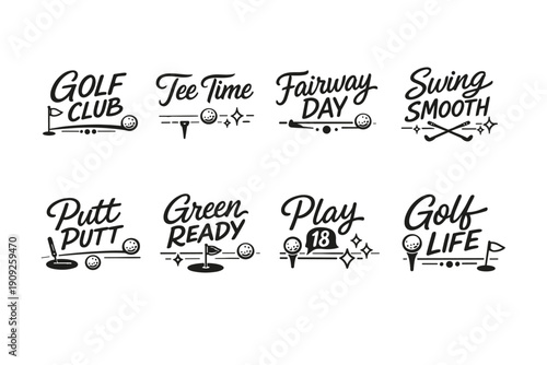 Golf themed typography set with illustrations of clubs and flags