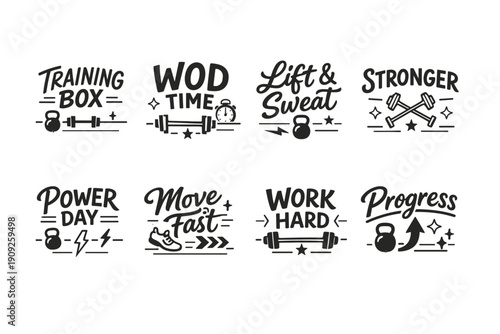 Motivational workout slogans with exercise icons for fitness inspiration