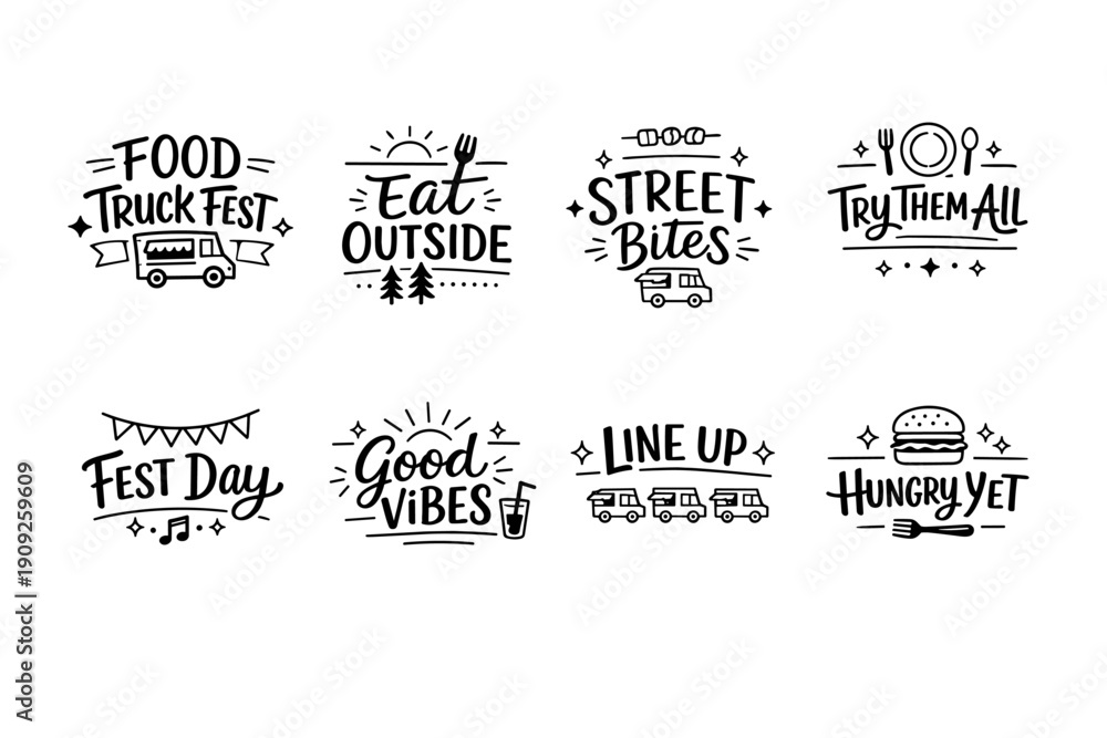 Obraz premium Food truck festival icons with fun phrases and festival graphics