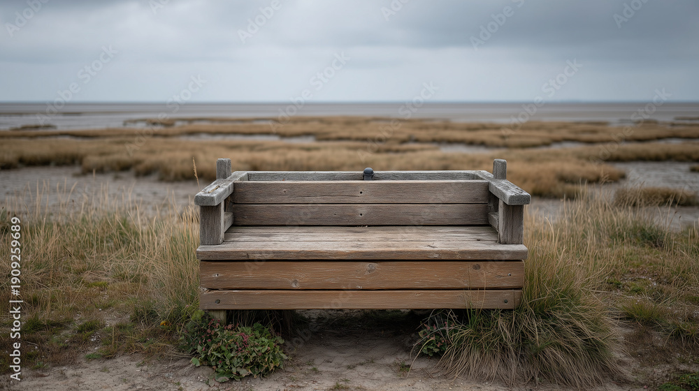 Obraz premium Serene Seating in Nature: A weathered wooden bench stands solitary amidst a tranquil coastal landscape, inviting contemplation and providing a moment of peace.