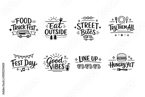 Food truck festival icons with fun phrases and festival graphics