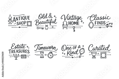 Vintage home decor icons set illustrating antique shops and classic finds