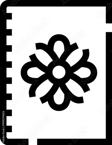 Notebook icon featuring a simple flower element, representing themes of botany, nature studies, journaling, and mindful writing in a minimalist line art style