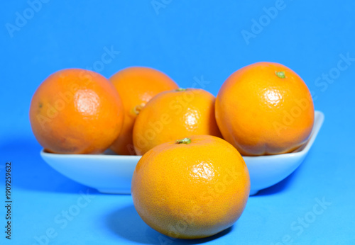 Natural oranges on a blue background and an oblong plate. Close up and copy space.