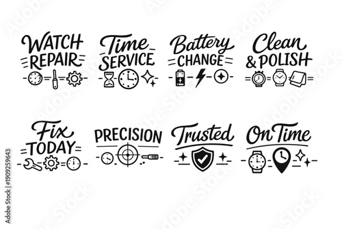 Watch repair and maintenance services icons set: clean, polish, battery, precision, trusted