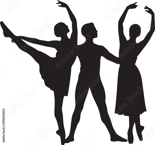 Silhouette of dancers in graceful motion, ballet-inspired group performance, expressive modern dance poses, elegant vector black illustration on white background