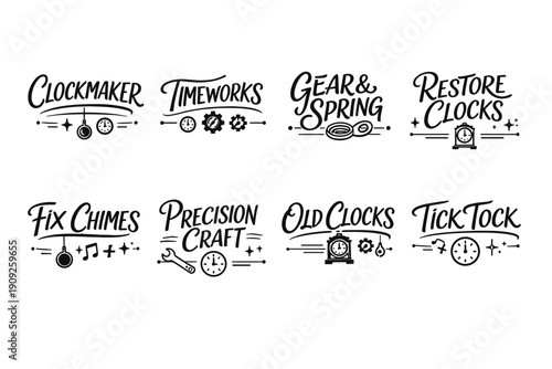 Vintage clock restoration and repair workshop logos with clockwork elements